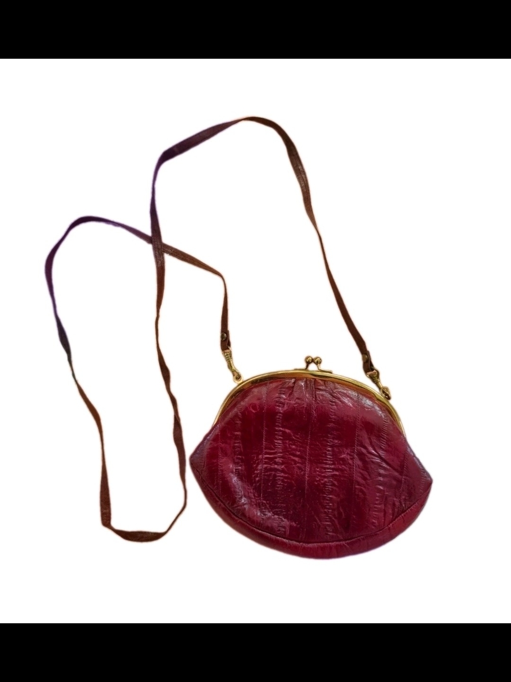Vintage Lee Sands Burgundy Eel Skin Kiss Lock Crossbody Bag Shoulder Purse 27"
